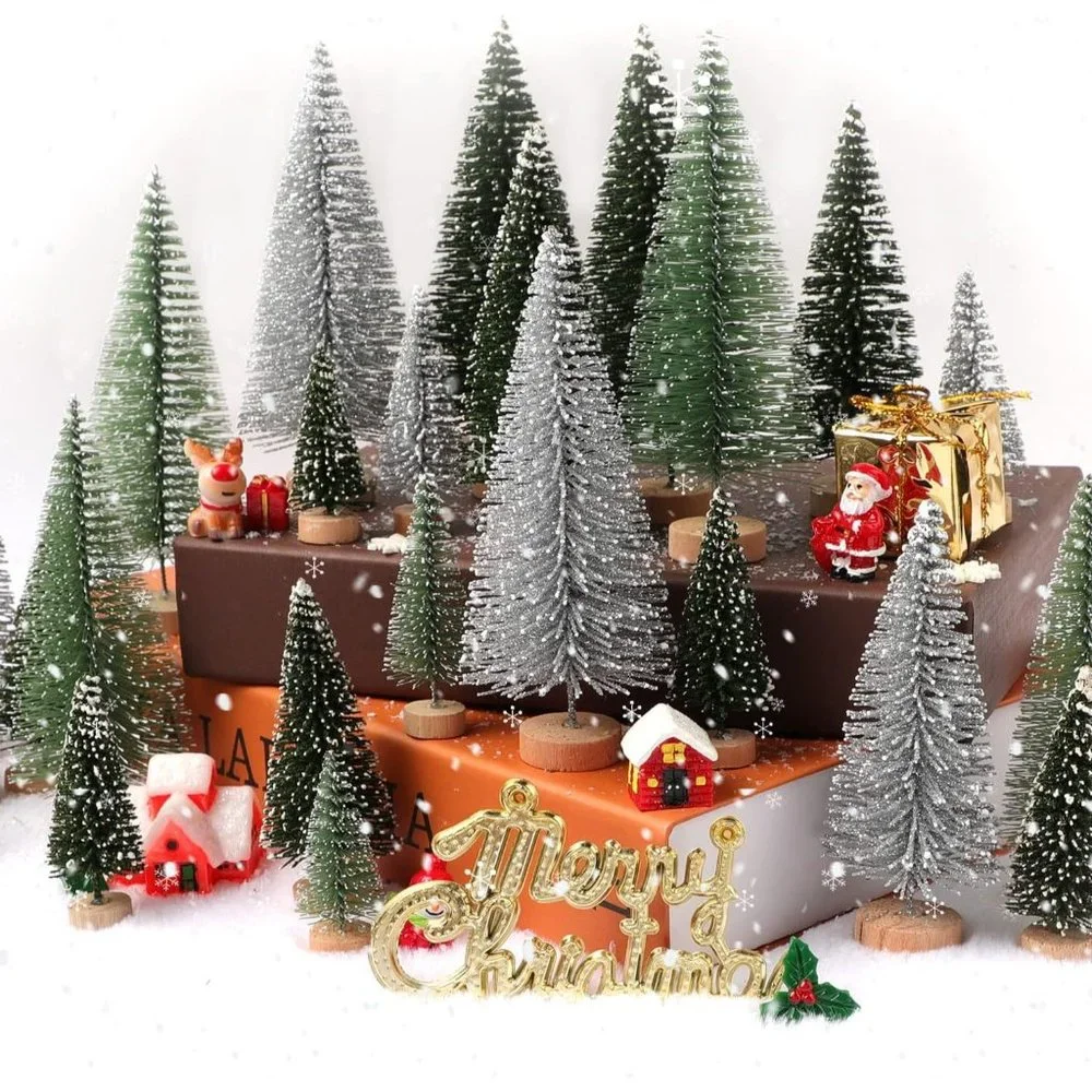 30Pcs Mini Christmas Sisal Snow Trees with Wooden Base